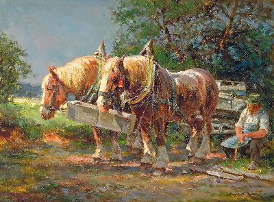Hans Nickel, 1916 Mährisch Lotschnau-1986 Altdorf bei Nürtingen, Bauer mit seinen beiden Pferden bei der Rast, Öl/Lwd, sign., ca. 60x80cm, R. ca. ...