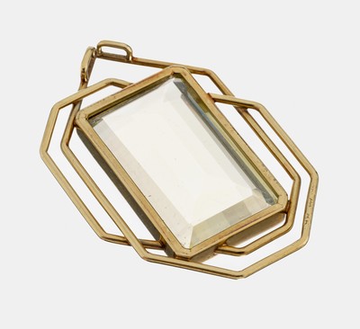 14 kt Gold Lemoncitrin-Anhänger, GG 585/000, qualitätvolle Verarbeitung, geometrisch, Lemoncitrin im Treppenschliff ca.72.00 ct, ca. 6 x 4.2 cm, ...