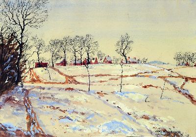 Otto Knödler, 1887-1960, 3 Aquarelle: 1) verschneite Landschaft mit Häuserzeile, sign. und bez. Gapaard Febr. 15, ca. 23x32 cm, u.Gl., R. ca. ...