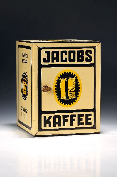 Reklameschränkchen für Jacobs Kaffee, 1930er Jahre, Eisenblech, eintüriger Korpus, drucktechnischer Dekor, sammelwürdiger Zustand, 30x22x21 cm