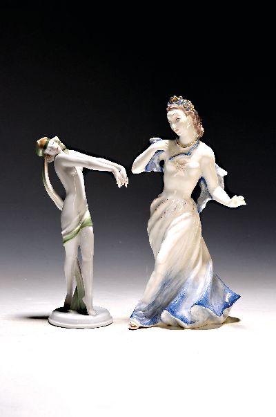 Zwei Rosenthal-Porzellanfiguren, Tänzerinnen: Gustav Oppel, Porzellanfigur, Kunstabteilung Selb, Traumtänzerin, am Sockel monogrammiert, ...