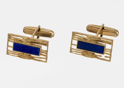 Paar 8 kt Gold Lapislazuli-Manschettenknöpfe, GG 333/000, durchbrochen, strukt., längliche Lapislazuli-Einlagen, ca. 7.5 g