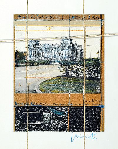 Christo und Jeanne-Claude, Project for Berlin, Wrapped Reichstag, Farboffset mit Silberfolienprägung, rechts unten handsign., 27x21.5cm, PP, Schnur, ...