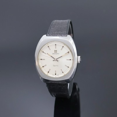 ZENITH Sporto Herrenarmbanduhr Referenz 01.1492.360, Handaufzug, Schweiz um 1970, Edelstahlgeh., Boden verschr., silb. Zifferbl. m. Sonnenschliff und ...