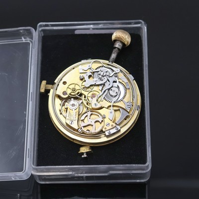 Taschenuhrwerk mit Repetition und Schaltradchronograph, Schweiz um 1900, verg. Ankerwerk, Schr.-Unr., Schlag auf Tonfeder, Emailzifferbl. sign. ...