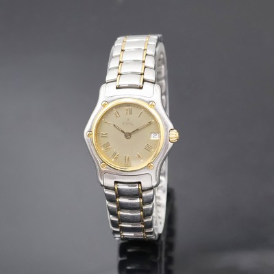 EBEL 1911 Damenarmbanduhr in Stahl/Gold Referenz 188901, Schweiz um 1995, quarz, Boden 4-fach verschr., orig. Gliederband m. Faltschl., 5-fach ...