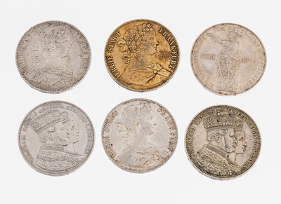 Konvolut 6 Silbermünzen, Frankfurt 3 Vereinsthaler 1860, Gedenktaler Frankfurt 1862und 2 x Krönungsthaler Preussen 1861