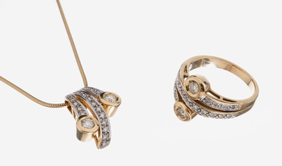 14 kt Gold Brillant-Schmuckset, GG 585/000,best. aus: 1 Ring, RW 59, 21 Brillanten zus. ca. 0.43 ct Weiß/si, und 1 Anhänger, 21 Brillanten zus. ...