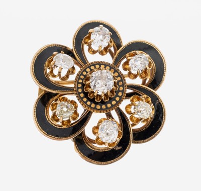 14 kt Gold Diamant-Email-Brosche, um 1860-80, GG 585/000 gepr., hochwertige Verarbeitung,geschwungen, 7 Altschliffdiamanten zus. ca. 1.86 ct ...