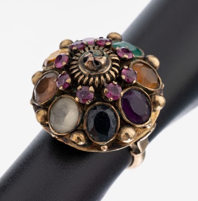 14 kt Gold Farbstein-Pagodenring, GG 585/000, oval- und rundfacett. Farbsteine, u.a. Amethyst, Citrin, Bergkristall, Rubine (synth.), RW 50, ca. 7.5 ...
