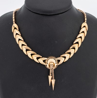 Ausgefallenes 14 kt Gold Collier, RG 585/000, Mittelteil mit 2 bewegl. Quastenabhängungen, L. ca. 38 cm, Kastenschloss mit Sicherheitsacht, ca. ...