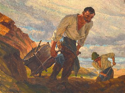 Karl Harm, Künstler der Mitte des 20.Jh., Zwei Arbeiter in heroischer Darstellung, 1930/40er-Jahre, links unten signiert, Öl/Lwd, 66x86 cm, Rahmen ...