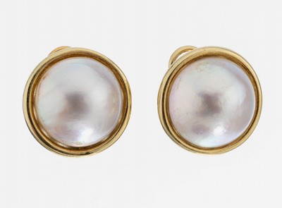 Paar 14 kt Gold Perl-Ohrstecker, GG 585/000, schlicht, 2 Mabeperlen, D. ca. 15.5 mm, ca. 15.2 g, Clipbrisuren
