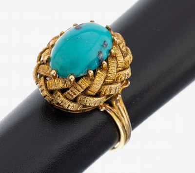 14 kt Gold Türkis-Ring, GG 585/000, ovaler Türkiscabochon, Ringkopf reich verz., RW 56, ca. 6.5 g