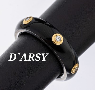 D'ARSY Brillant-Email-Ring, Edelstahl und GG 585/000 gepr., 6 Brillanten zus. ca. 0.12 ct feines Weiß/vs, schwarz emailliert, RW 57, sign.