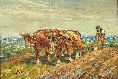 Julius Seyler, 1873-1958 München, Bauer mit zwei Ochsen vor dem Pflug, 1920 -Jahre, rechts unten signiert, Öl/Karton, ca. 36x50 cm, unter Glas, ...