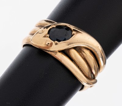 14 kt Gold Saphir-Schlangenring, GG 585/000, Kopf mit ovalfacett. Saphir ca. 1.00 ct, RW 58, ca. 8.8 g