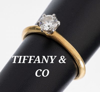 18 kt Gold & Platin TIFFANY & Co. Brillant- Ring, GG 750/000 & Platin 950/000, Brillantin Platin gefasst ca. 0.44 ct feines Weiß+ (F)/vs1, RW 54, ...