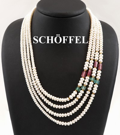 4-reihiges SCHÖFFEL 14 kt Gold Turmalin-Perl- Collier , GG 585/000, 4 grüne und 4 pinkfarb. facett. Turmalin-Rondelle zus. ca. 18.0 ct, ...