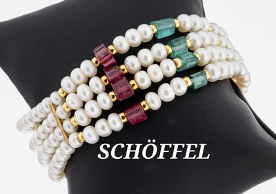 4-reihiges SCHÖFFEL Turmalin-Perl-Armband, GG 585/000, 4 grüne und 4 pinkfarb. facett. Turmalin-rondelle zus. ca. 22.0 ct, Süßwasserzuchtperlen ...
