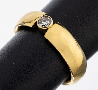14 kt Gold Brillant-Ring, GG 585/000, qualitätvolle Verarbeitung, Brillant in Zargenfassung ca. 0.15 ct Weiß/si, RW 58, ca. 9.9 g, Meistermarke ...