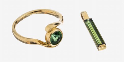 14 kt Gold Turmalin-Konvolut, GG 585/000, best. aus: 1 Ring, RW 58.5, rundfacett. Turmalin ca. 1.0 ct, und 1 Anhänger, Turmalin -Baguette ca. 1.20 ...