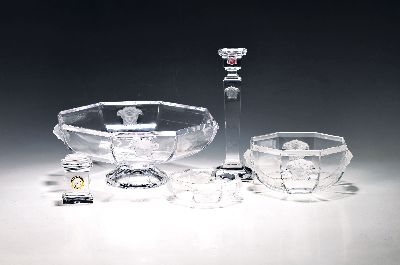 Kompottservice und Beiteile, Rosenthal, Modell Medusa, Glas, Entwurf Gianni Versace, Kompottschale, Fußschale, 6 Schälchen, Kerzenleuchter, Tischuhr