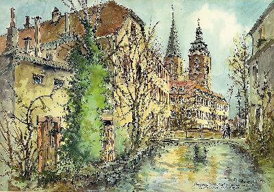 Heiner Deege, 1920 Haßloch-2007, Aquarell, Ansicht aus Neustadt a.d. Weinstraße, Stiftskirche und Rathaus, 1983, rechts unten signiert, bez. und ...
