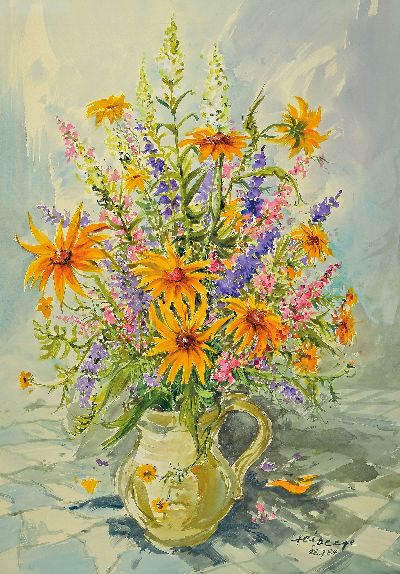 Heiner Deege, 1920 Haßloch-2007, Aquarell, Blumenstillleben, Sommerstrauß, 1984, signiert und datiert, unter Glas gerahmt 84x65 cm