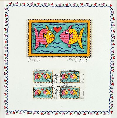 James Rizzi, 1950-2011, dreidimensionale Farblitho mit Briefmarkensatz von 2008, handsign. und num. 1341/2008, ca. 6x10cm, PP, u.Gl., R. ca. 31x31cm