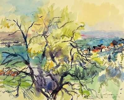 Karl Hufnagel, 1906 Harthausen-1995 Speyer, Alter Apfelbaum bei Gleisweiler, Aquarell auf Papier, rechts unten sign., betitelt und 76, ca. 48x59cm, ...