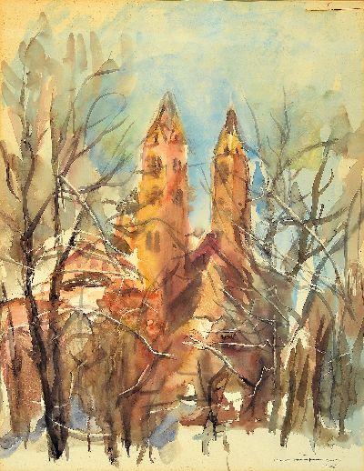 Karl Hufnagel, 1906 Harthausen-1995 Speyer, Blick auf den Dom zu Speyer, Aquarell auf Papier, rechts unten sign. und dat. 78, ca. 58x45cm, PP, u.Gl., ...