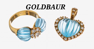 18 kt Gold GOLDBAUR Edeltopas-Brillant- Schmuckset, GG 750/000, best. aus: Ring undAnhänger, Ring; mittig 7 Brillanten zus. ca. 0.47 ct feines ...