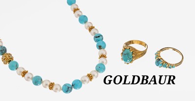 GOLDBAUR Türkis-Diamant-Akoyazuchtperl- Konvolut, GG 750/000, bes. aus. 1 x Ring mit ovalem Türkiscabochon ca. 4.0 ct, RW 52, 1 x Ring mit 7 ...