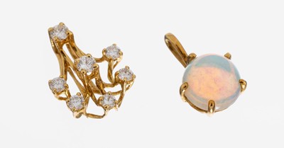 Konvolut 2 18 kt Gold Anhänger, GG 750/000,1 x runder Opalcabochon ca. 1.30 ct, 1 x 7 Brillanten zus. ca. 0.25 ct feines Weiß/vs-si, ca. 2.3 g