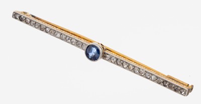 18 kt Gold Saphir-Diamant-Stabbrosche, um 1900, GG 750/000, 1 rundfacett. Saphir ca. 0.60 ct, 28 Diamantrosen zus. ca. 0.20 ct, ...