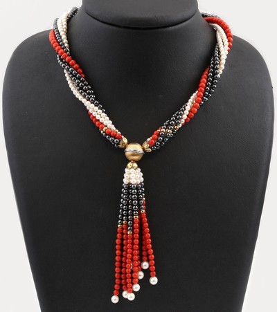 Korallen-Hämatit-Perl-Collier mit 18 kt Gold Schließe, 6-rhg., Hämatitkugeln, Korallenkugeln, weiße Zuchtperlen, Goldzwischenkugeln, ...
