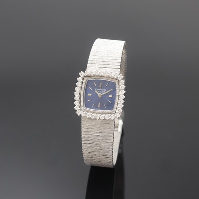 PALLAS Exquisit Damenarmbanduhr in WG 750/000 mit Diamantlünette, Handaufzug, Deutschland 1960er Jahre, 2-teil. Geh. inkl. Milanaiseband, Boden ...