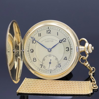 A. LANGE & SÖHNE -OLIW- Herrensavonette in GG 585/000 an GG 750/000 Chatelaine, Deutschland um 1935, glattes 2-Deckel Goldgeh., gold. ...