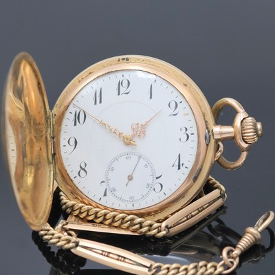 Fabrique d'Horlogerie de Fontainemelon SA Savonette Herrentaschenuhr in RG 585/000 an vergoldeter Kette, Schweiz um 1900, beids. guill. 2-Deckel ...