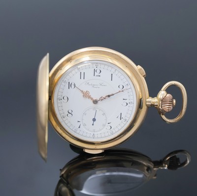 AUDEMARS FRERES große Herrensavonette mit 1/4-Repetition und Chronograph in RG 585/000, Schweiz um 1910, glattes 3-Deckel-Goldgeh. dell., ...