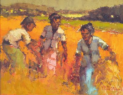 Frits Lucien Ohl, 1904 Palembang/Indonesien- 1976 Den Haag, indonesische Frauen bei der Feldarbeit, Öl/Lwd, rechts unten signiert, ca.35x45cm, R. ...
