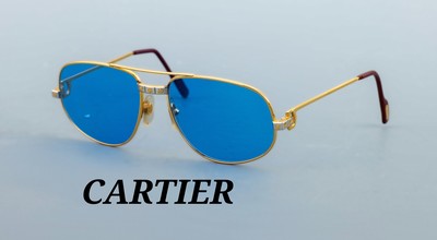 CARTIER Brille, Santos-Serie, Metall vergoldet, blaue Gläser