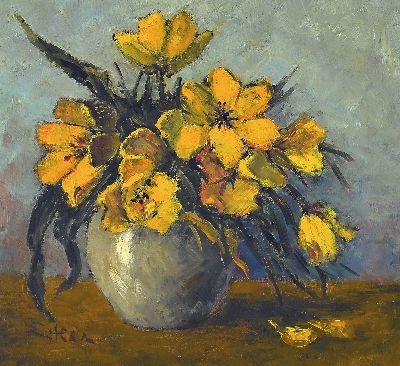 Artur Eitler, 1914 Bozen-2014, Stillleben mit gelben Tulpen, links unten signiert, Öl/Platte, 33x36 cm, Rahmen 45x49 cm