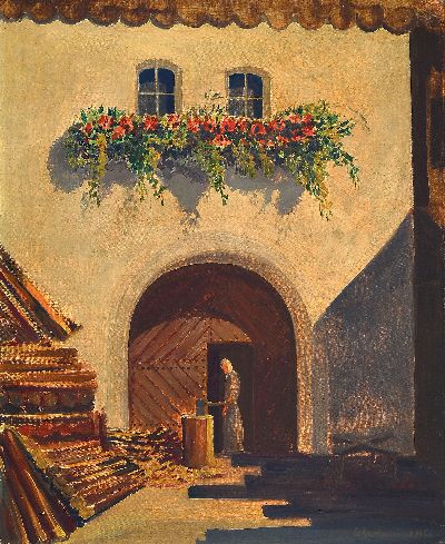G. Schwilling, Künstler des 19./20.Jh., Blick in einen Hof, Hackklotz vor sonnenbeschienener Fassade mit Toreinfahrt, rechts unten signiert, ...