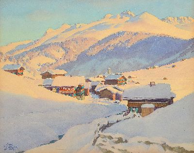 Carl Kessler, 1876 Coburg-1968 München, Verschneite Gebirgslandschaft mit Bauernhäusern, Gouache auf Papier, links unten sign. und bez.: München, ...