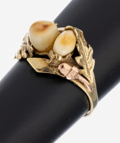 14 kt Gold Grandel-Ring, 1950er-60er Jahre, GG/RG 585/000, Eichenlaubdekor, 2 Grandeln, RW60, ca. 5.2 g