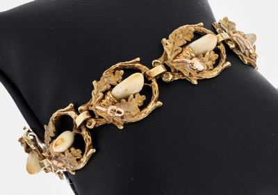 14 kt Gold Grandel-Armband, 1950er-60er Jahre, GG/RG 585/000, Eichenlaubdekor, 8 Glieder mit jew. 1 Grandel, L. ca. 19.5 cm, Kastenschloss mit 2 ...