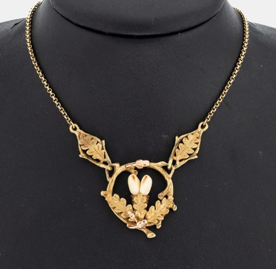 14 kt Gold Grandel-Collier, 1950er-60er Jahre, GG/RG 585/000, Eichenlaubdekor, Mittelteil mit 2 Grandeln, L. ca. 45 cm, Federringschließe, ca. 16.2 g