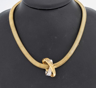 14 kt Gold Brillant-Collier, GG/WG 585/000,Anhänger mit 18 Brillanten zus. ca. 0.21 ct (grav.) Weiß/si, Strickcollier, L. ca. 38 cm, rs. kl. ...